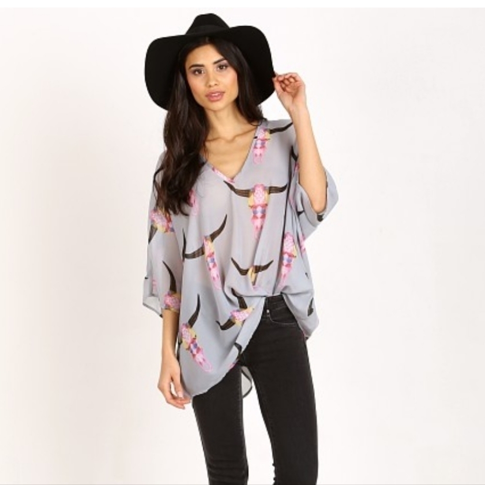 Show Me Your Mumu Boho Shook Tunic Lite Brite Bull Top Shirt Large Oversized Fit
